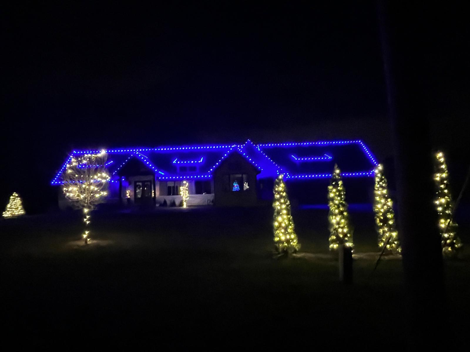 Indiana ranch home with the full roofline and every gable outlined in blue Christmas lights, warm white wrapped trees and lit cone trees across the front lawn